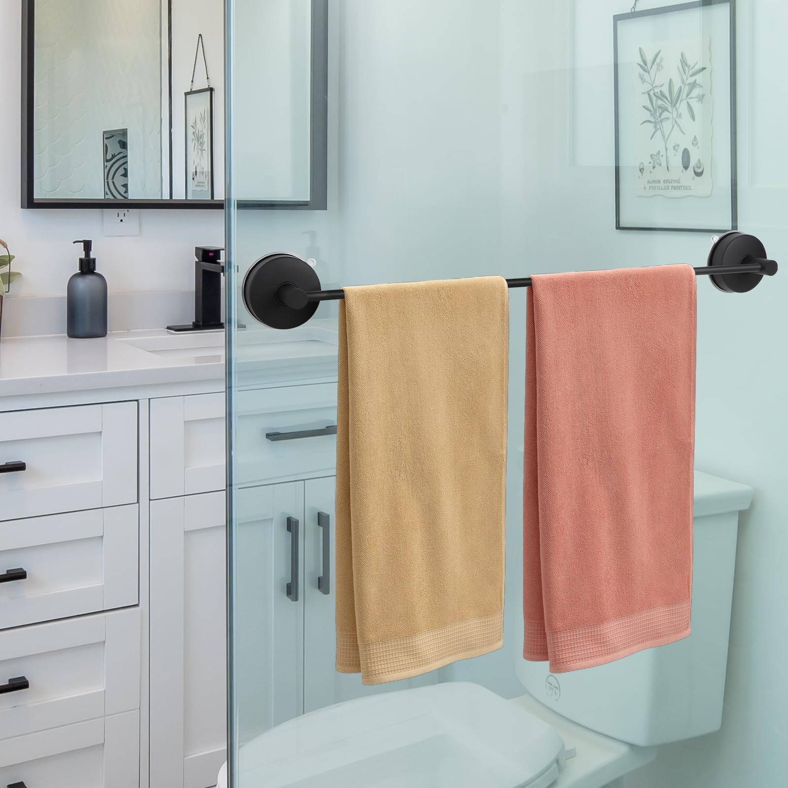 LALAGO 55cm Porte-Serviettes à Ventouse 304 Acier INOX Crochets à Ventouse sans Percer, Barre Porte-Serviettes de Salle de Bain étanche à Vide Capacité de Charge 5KG/PC Noir pour Paroi de Douche
