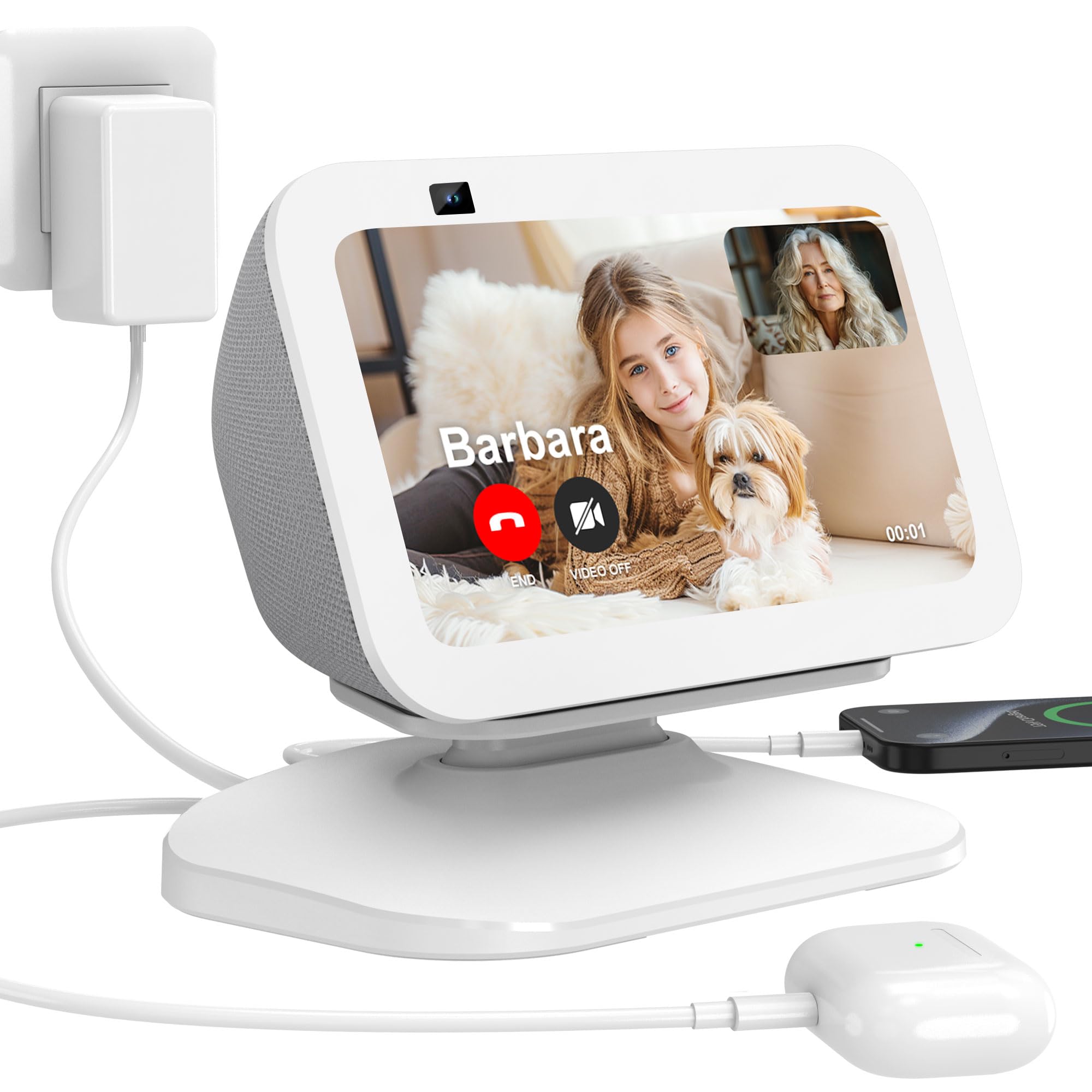 PlusAcc Soporte ajustable para Show 5 (3.ª gen). Base de Carga con Puertos de Carga USB-C/A y tipo C. Soporte de Carga para iPhone, Relojes Inteligentes, Teléfonos Inteligentes y Auriculares. (Blanco)