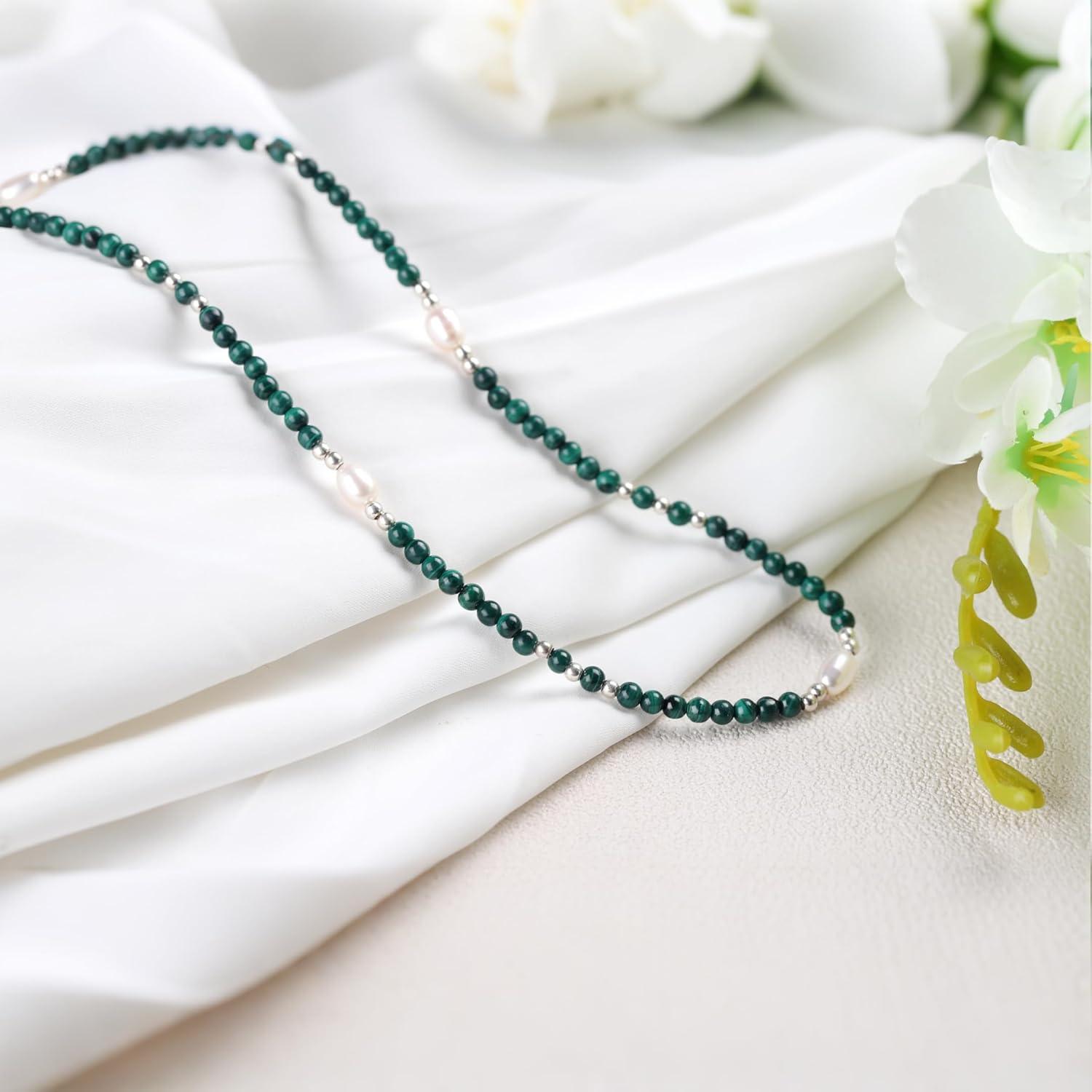 Hamsa Collar Jewelry - Elegant Green Malachite Gemstone Necklace, Chakra Necklace with Beads, Adjustable Pearl Chakra Necklace for Women - Image 8