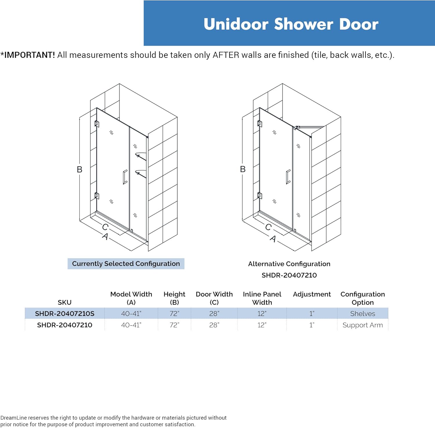 DreamLine Unidoor 40-41 in. W x 72 in. H Frameless Hinged Shower Door with Shelves in Brushed Nickel, SHDR-20407210S-04