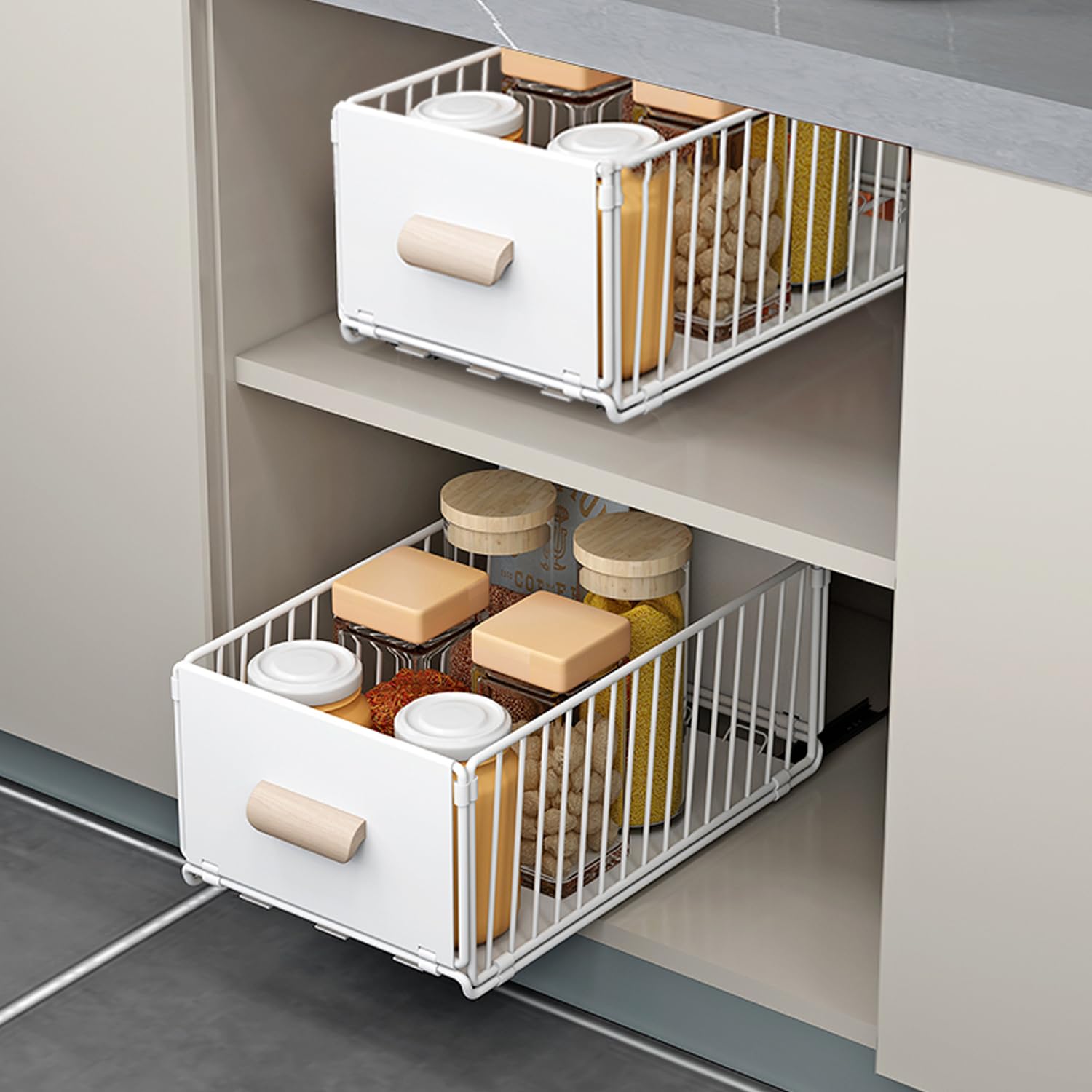 2 Pack Pull Out Cabinet Organizer with Adhesive Nano Film, Under Sink Organizer Drawer Type Food Storage Cabinet Shelf, Sliding Mesh Cabinet Basket for Kitchen, Bathroom - 15.7" L*9.4" W*6.7" H