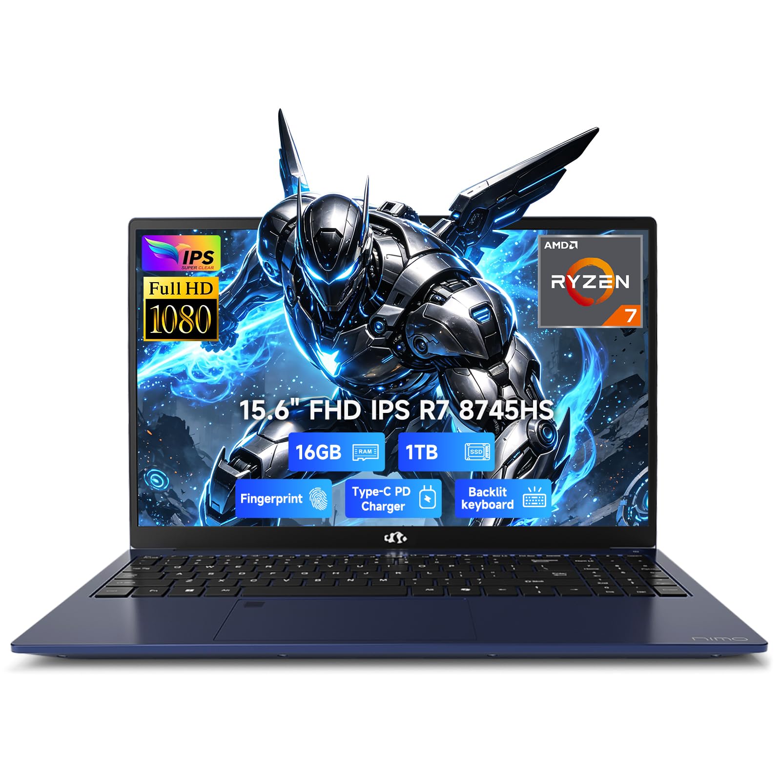 NIMO 15.6" AI-Ready Light Gaming Laptop, AMD Ryzen 7 8745HS Radeon 780M(up to 4.9GHz), 16GB DDR5 1TB SSD, USB4 100W USB-C PD for Creative Projects, College, Remote AI Work, 2-Yr Warranty Fingerprint