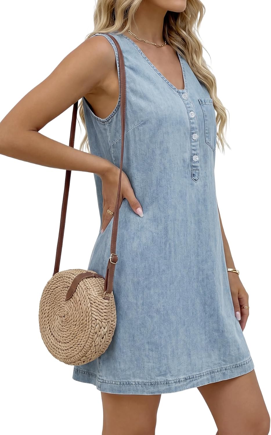 Rooscier Women's Button V Neck Sleeveless Casual Mini Denim Dress with Pocket