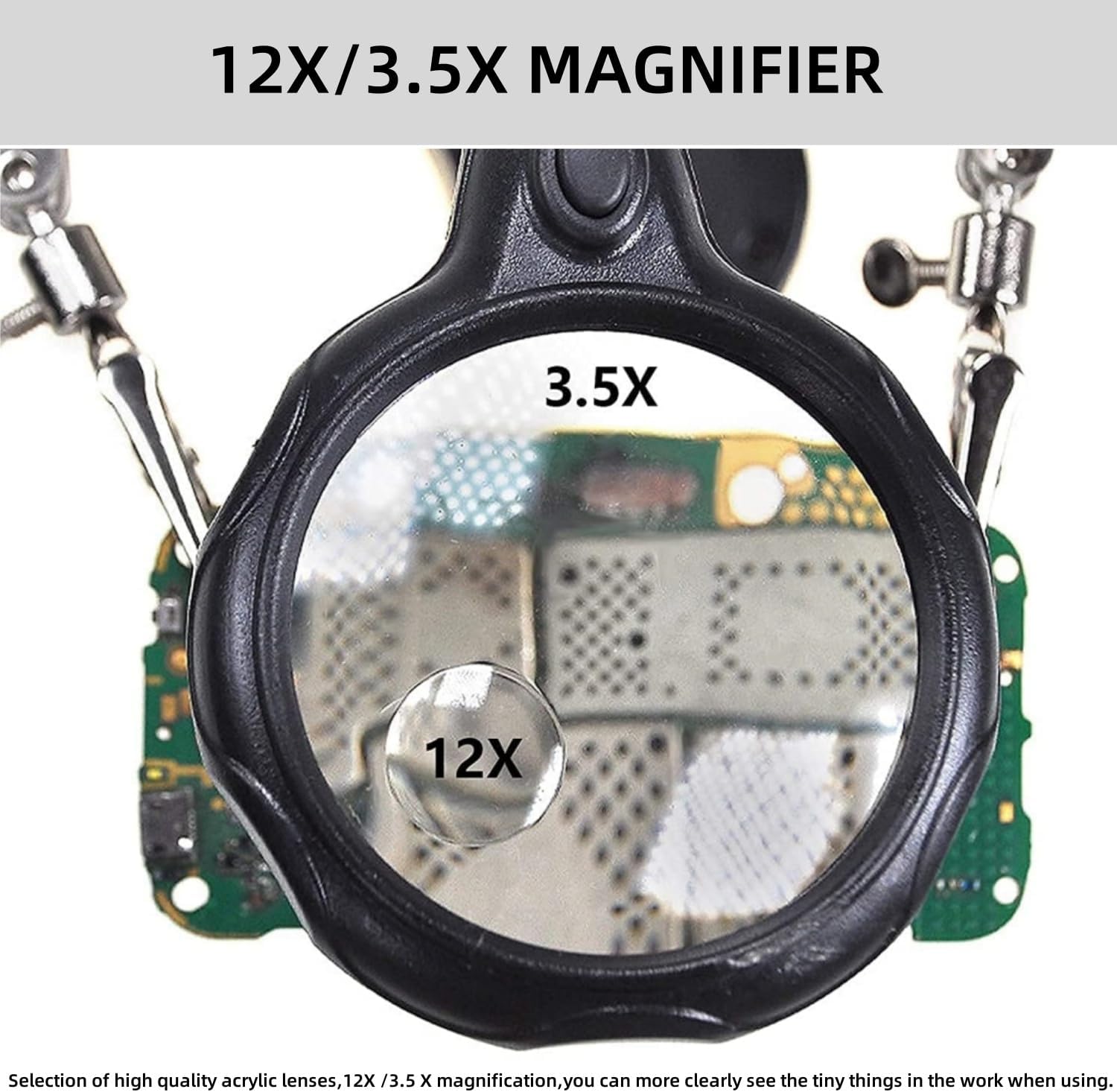 Helping Hands Magnifier Soldering Station,3.5X 12X Magnifying Glass,LED Lighted Magnifier with with Auxiliary Clips Alligator Clamp for Soldering, Carving,Repairing,Painting,Jewelry Cleaning