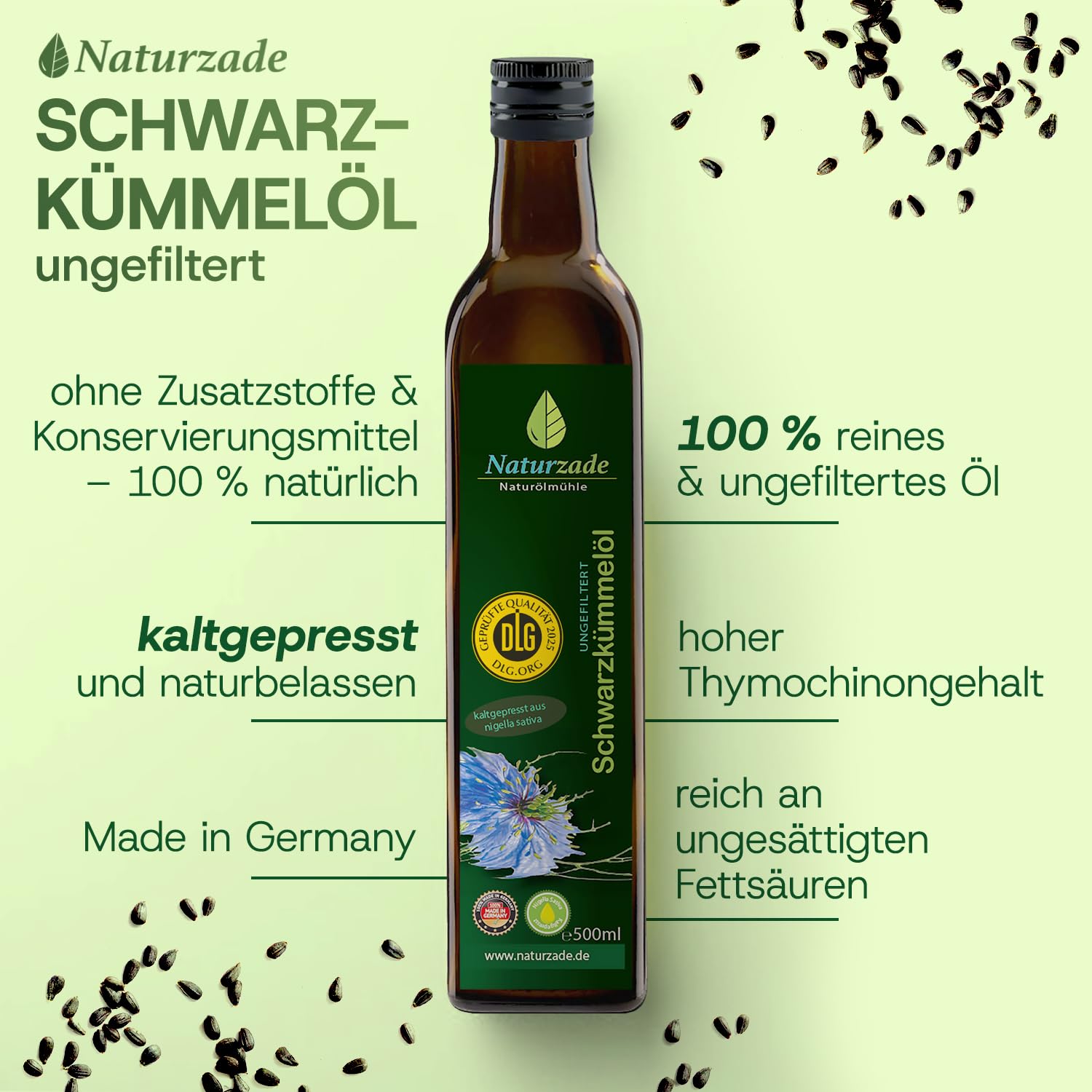 Naturzade Schwarzkümmelöl 1000ml ungefiltert Glasflasche (2 x 500ml), hoher Thymochinongehalt, kaltgepresst & naturrein ohne Zusätze, direkt vom Hersteller