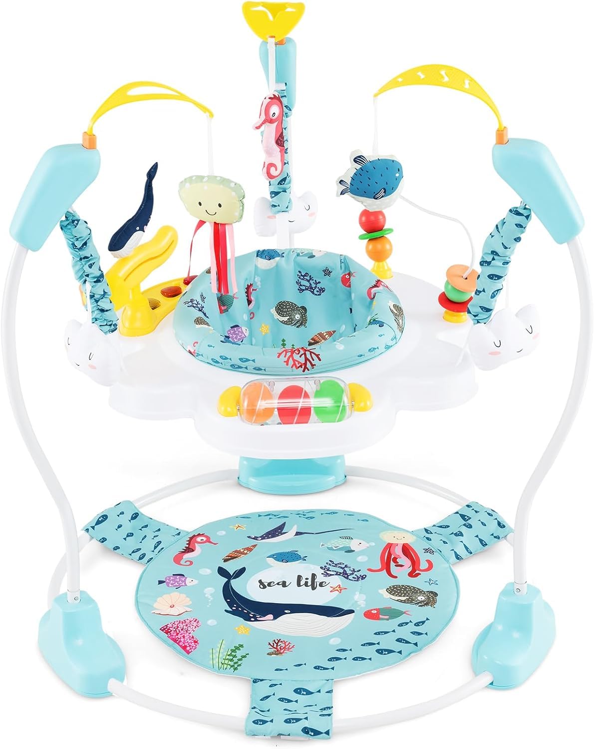 DREAMADE Jumperoo Jungle Bébé avec Siège Pivotant 360°&Amovible,Aire d'Éveil à Rebonds Animaux avec 3 Hauteurs& 9 Jouets&Musique&Lumière,Jouet Enfants 6Mois+ (Bleu+Océan)