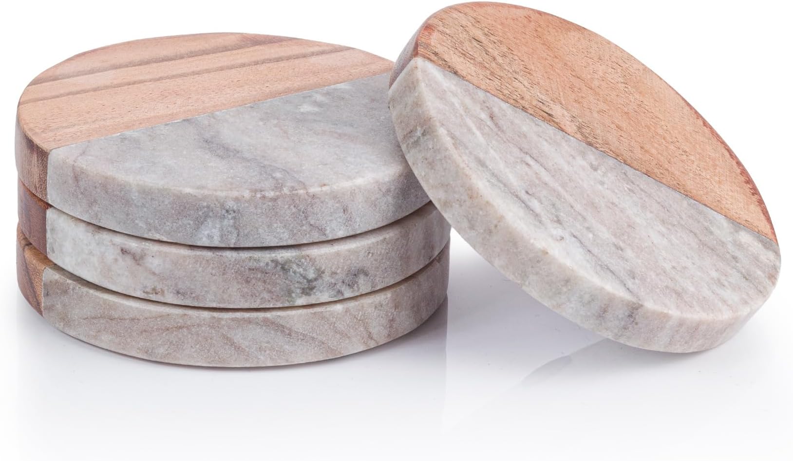 Round Coasters Set of 4, Marble & Wooden Coasters Set Non-Slip Coasters for Drinks, Coffee Pads Beer Bar Mat