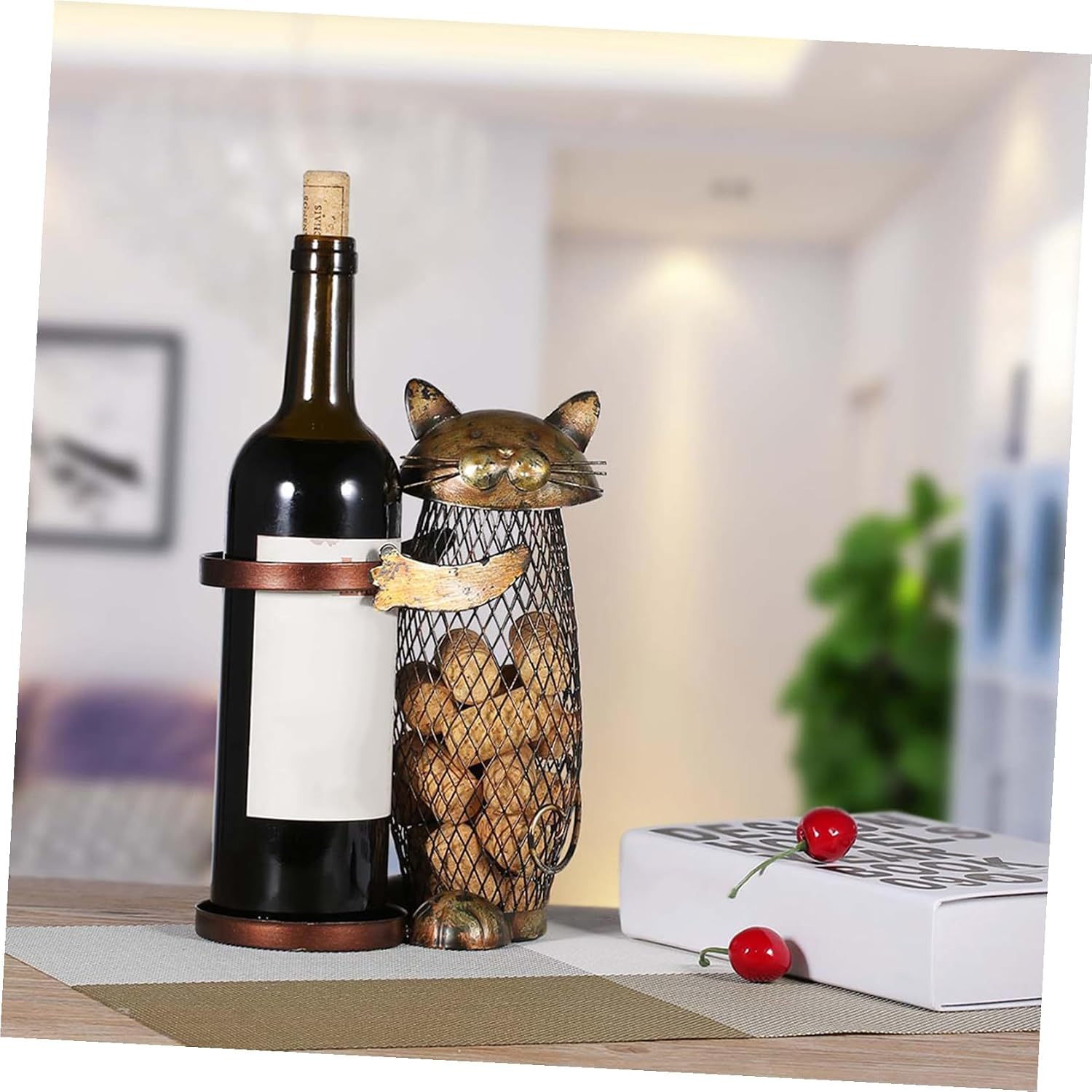 Cat Shape Iron Wine Bottle Rack Decorative Money Bank Wine Storage Stand Tabletop Holder for Home Kitchen Display