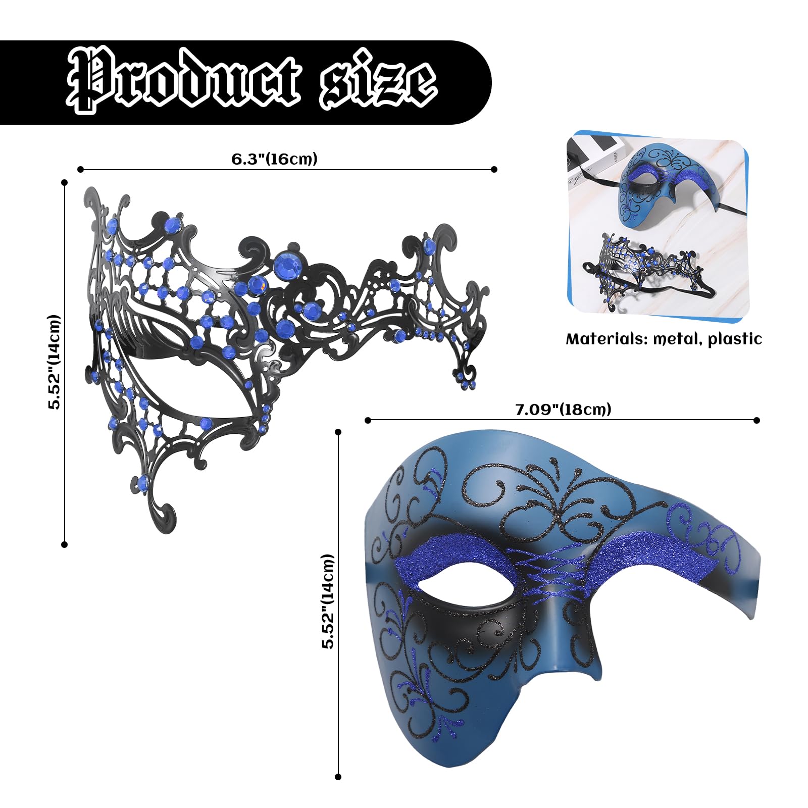Oidea Masquerade Mask Couples Set: Vintage Metal Cosplay Venetian Party Mask One Eyed Half Face Masks Halloween Costume Mardi Gras Masks for Couples Women and Men Blue - Image 3