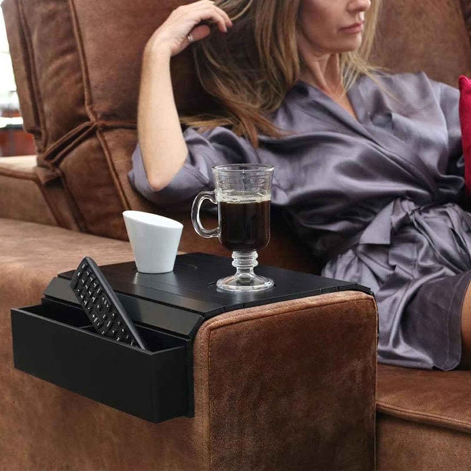 Organizador De Reposabrazos Sofá,Bandeja para Brazo de Sofá,con 2 Portavasos,Plegable con Bolsillo Lateral,para Hogar,para Revistas Snacks o Bebidas y Remoto,Teléfono