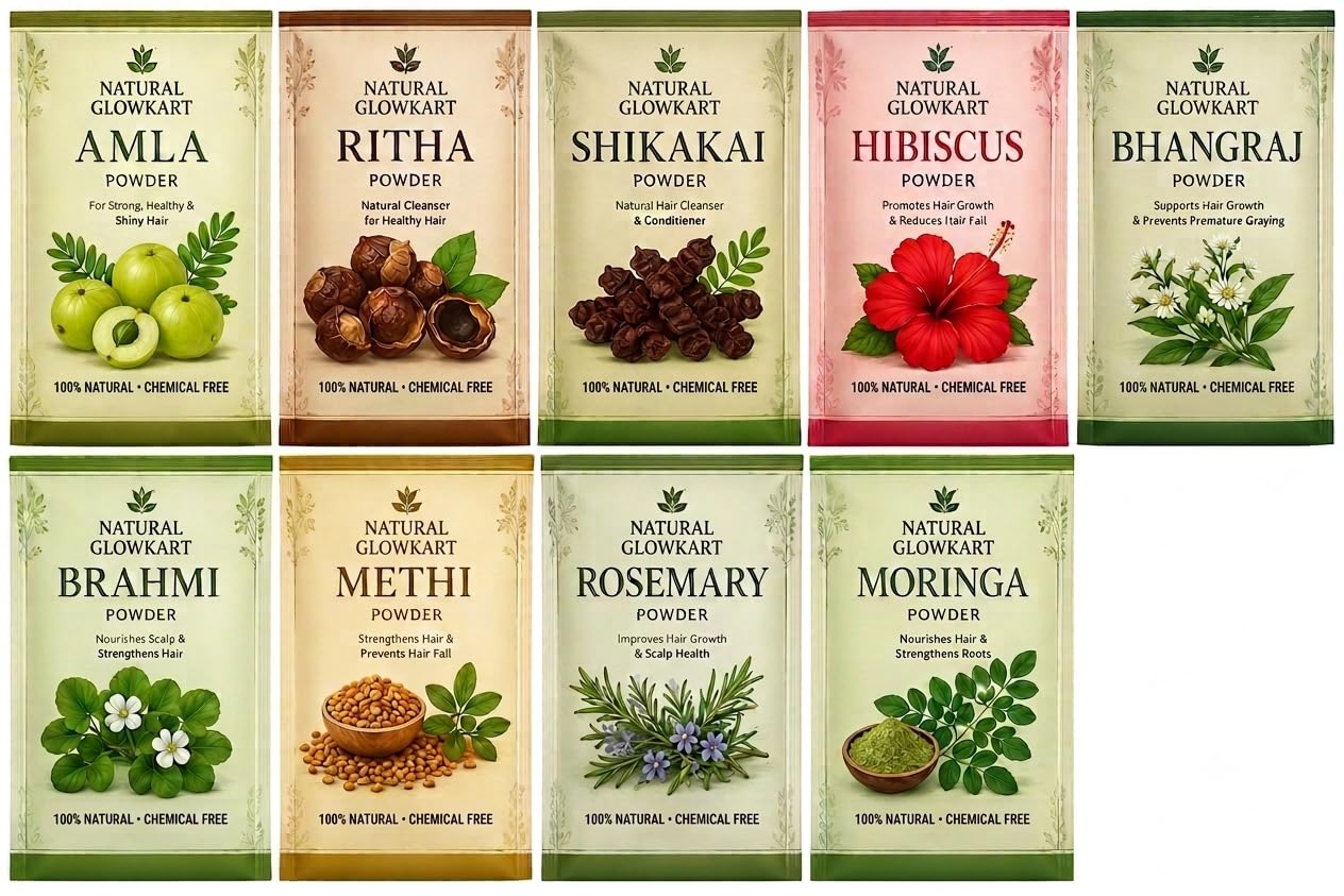 Glowkart Herbal Hair Care Combo with 9 Natural Powders 450g | Amla, Bhringraj, Brahmi, 9 Separate 50g Packs, Hair Mask & Hair Pack, Reetha & Shikakai, Moringa & Rosemary-image-38