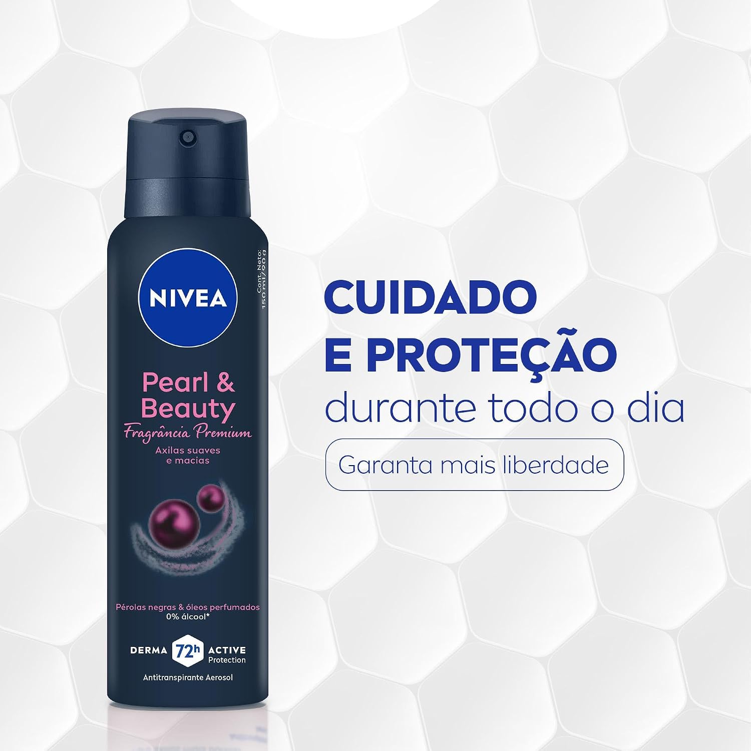 Desodorante Nivea Pearl & Beauty em destaque sobre fundo com padrões hexagonais brancos