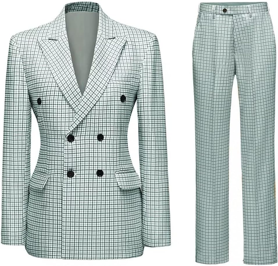 Mens Suits 2 Piece Plaid Suit Set Double Breasted Blazer for Men Prom Casual Tuxedo Suits for Men