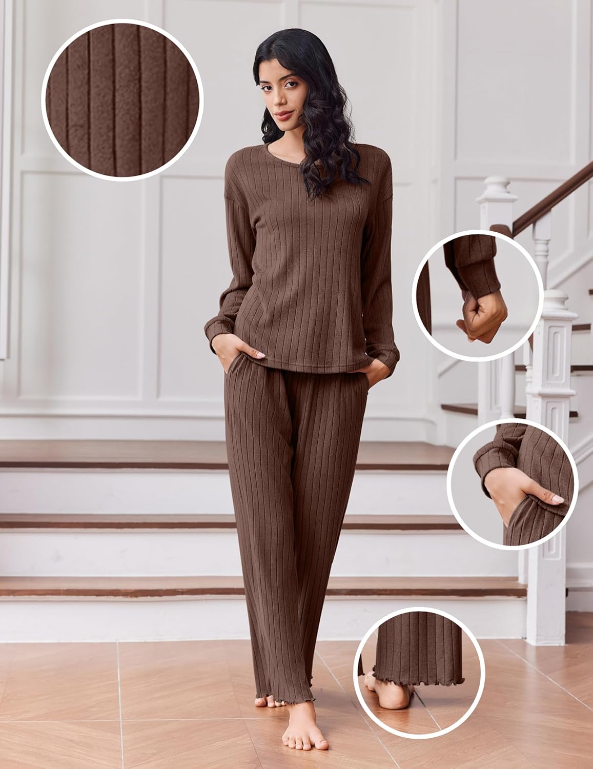 Ekouaer Lounge Sets for Women Comfy Ribbed Knit Pajamas Fall Long Sleeve Sleepwear 2 Piece Casual Loungewear,S-XXL - Image 2