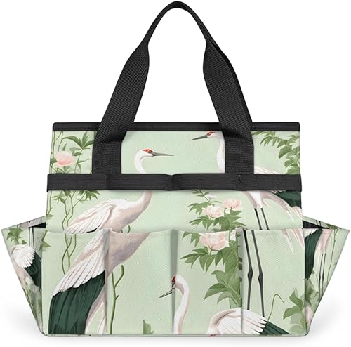 Birds Cranes Flowers Garden Tool Tote Bag for Women Men Gardening Tool Storage Bags with 10 Pockets Standable Garden Home Tool Kits Organizer for