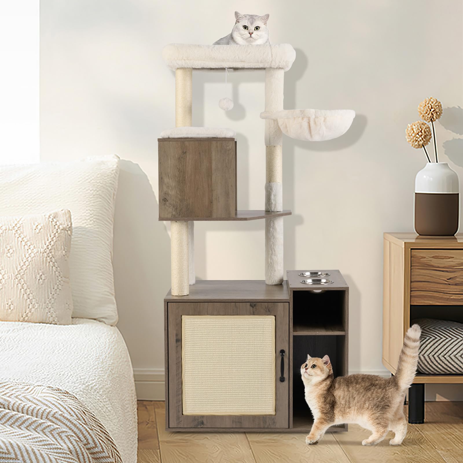 GOPLUS Mueble para Arena de Gatos, Árbol Rascador para Gatitos con Caseta, Hamaca, Casita Escondida, Palo de Sisal, 2 Comederos, Rascadores y Pelotas, Armario Moderno para Gatos de Interior (Gris)
