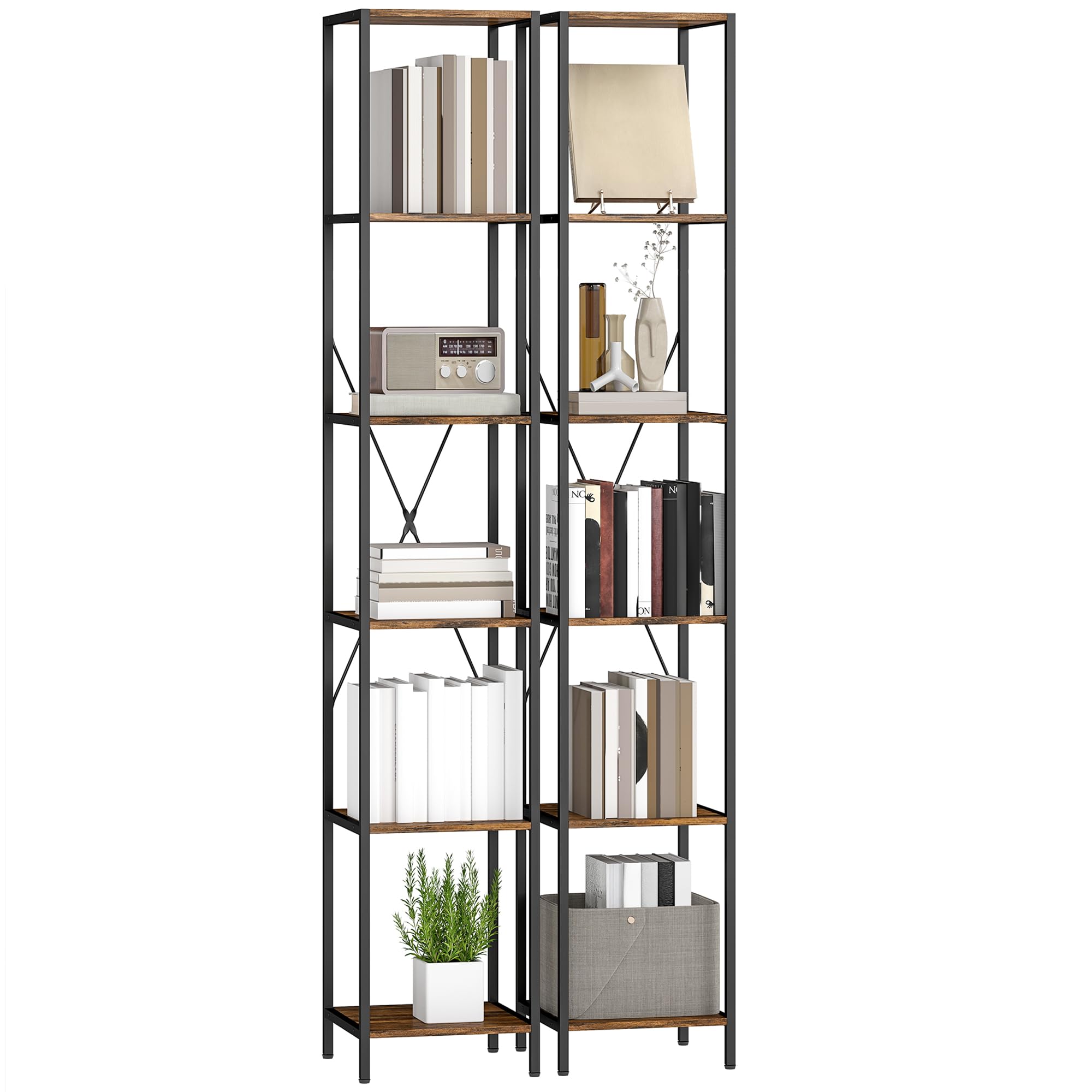 HOMCOM Zestaw 2 Regałów na Książki, 6 Poziomów, Styl Industrialny, dla Salonu, Biura, Sypialni, 30 x 30 x 174,5 cm, Rustykalny Brąz