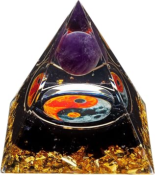 Yin Yang Healing Crystal Orgonite Pyramid - Tai Chi with Obsidian Amethyst Ball - Taiji Reiki Chakra Meditation Paperweights Decor