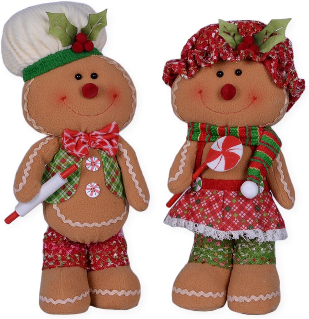 Smiling Mr. and Mrs. Gingerbread 16 x 8 Plush Christmas Figurine Set of 2