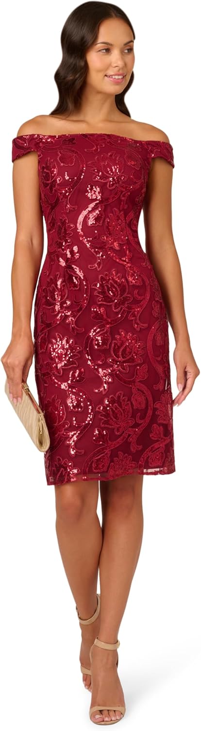 Adrianna Papell Studio Women's Off Shoulder Sheath Dress, Garnet, 10 - Image 4