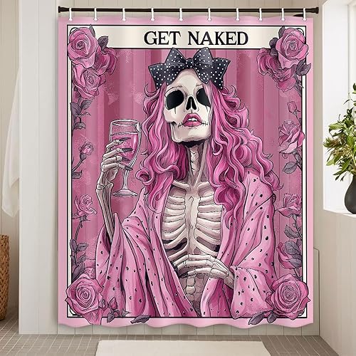 Miniatura 3 de Divertida cortina de ducha de esqueleto de calavera rosa, para Halloween, gótica, rosa, rojo, rosa, floral, vino tinto, terror, terror, cortina de