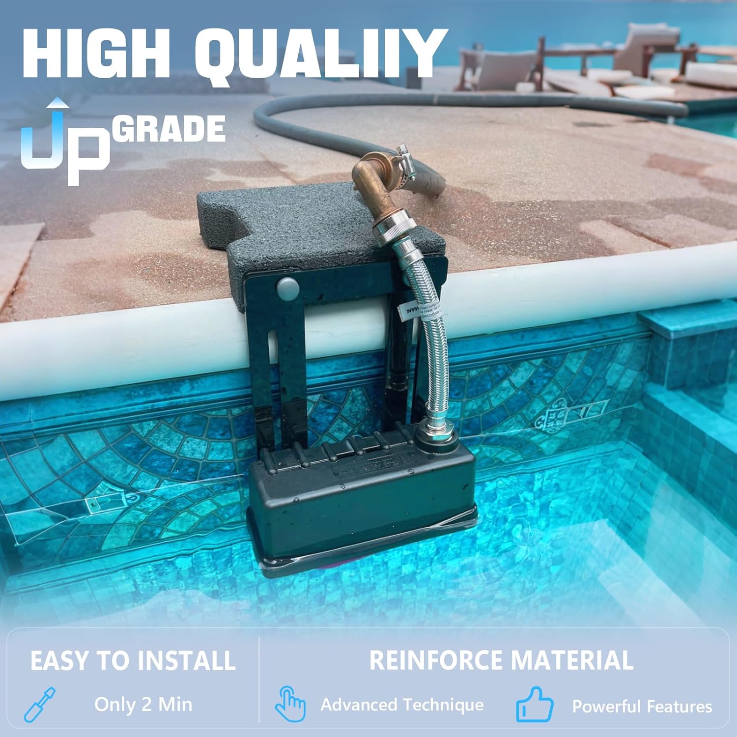 Advanced Automatic Pool Water Level Regulator, 2''-9'' Levelr Height, Stainless Steel Frame with Stainless Steel Braided Hose, Suitable for bathtubs, Swimming Pools, and Ponds.