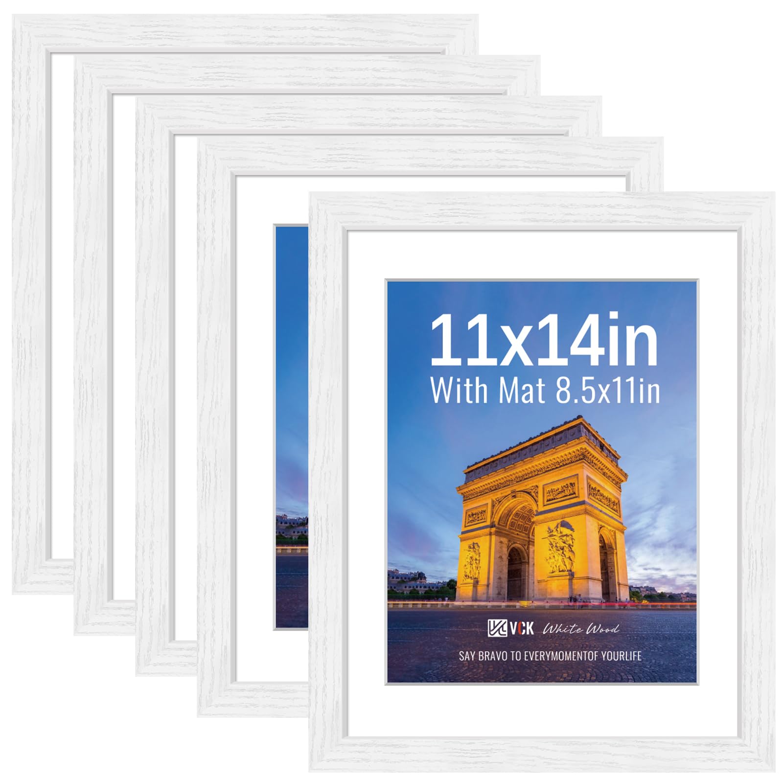 VCK 11x14 Picture Frame 5 Pack, White Exclusive Wood, HD Glass, for Diploma