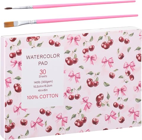 Watercolor Paper Pad 4x6 Inch, 30 Sheets 140 lb Cold Press with 2 Brushes | 300 GSM paper, good water absorption, single-side glue binding, easy tear-off, for watercolor, drawing and mixed media