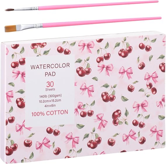 Watercolor Paper Pad 4x6 Inch, 30 Sheets 140 lb Cold Press with 2 Brushes | 300 GSM paper, good water absorption, single-side glue binding, easy tear-off, for watercolor, drawing and mixed media