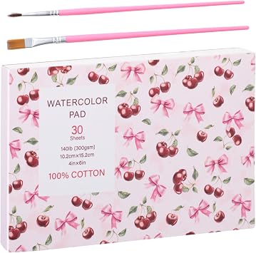 Watercolor Paper Pad 4x6 Inch, 30 Sheets 140 lb Cold Press with 2 Brushes | 300 GSM paper, good water absorption, single-side glue binding, easy tear-off, for watercolor, drawing and mixed media