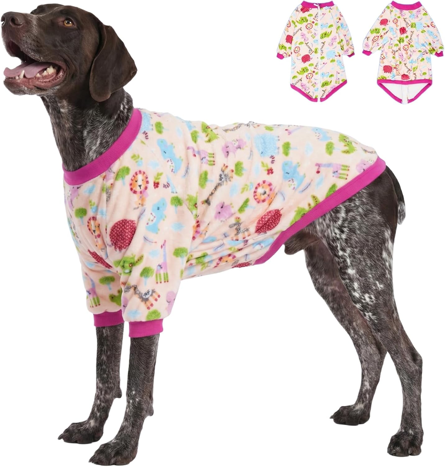 LovinPet Dog Flannel Coat for Large Dogs, Warm Winter Dog Coat with Front Sleeves, Back Zipper, Soft Full-Coverage Layer for Short-Hair Breeds, Animals Allover Pink Prints, XL