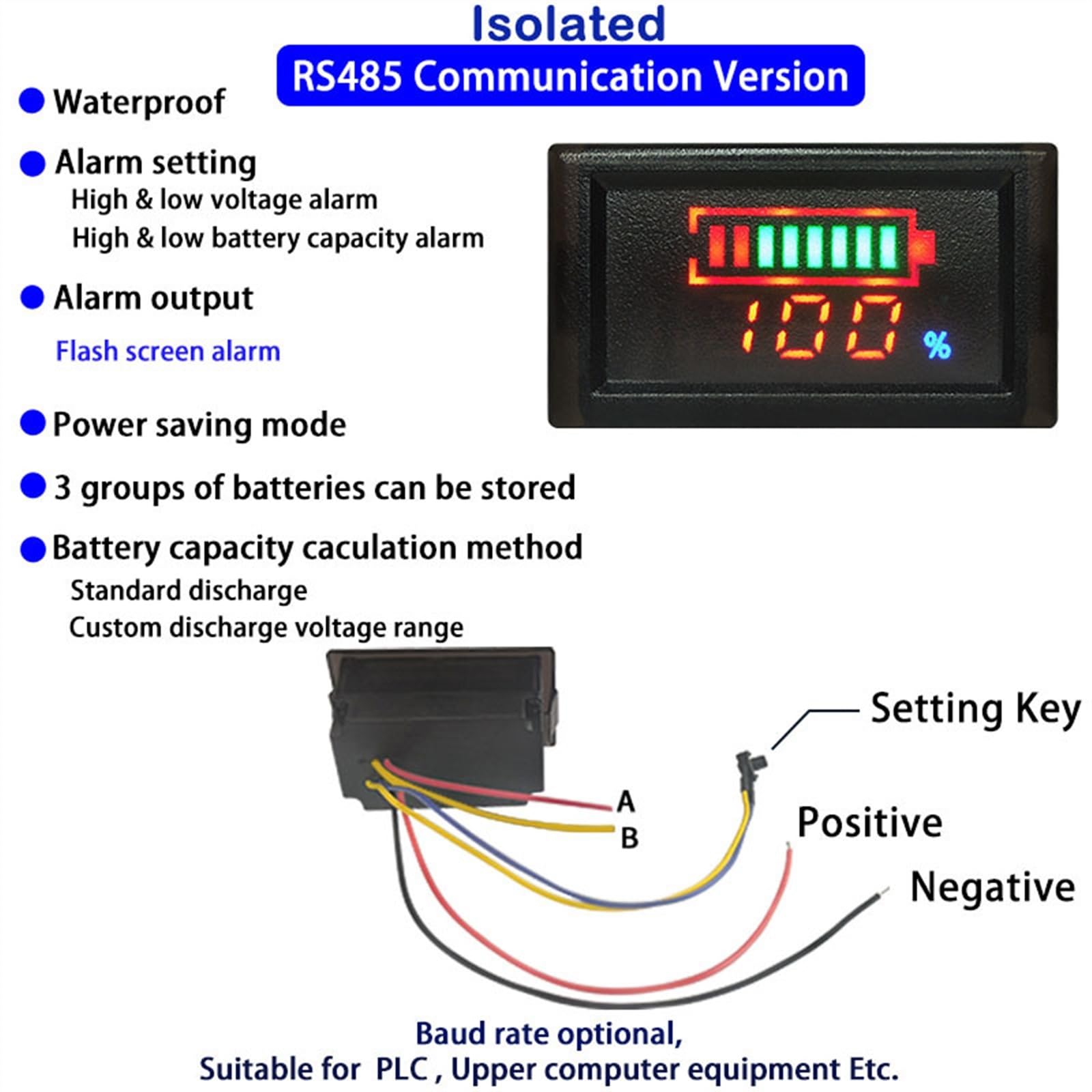 Indicatore del livello di carica della batteria al piombo for auto da 12 V Tester della batteria Misuratore di capacità della batteria al litio Tester LED Voltmetro Doppio display(Isolated RS485 Ver.,