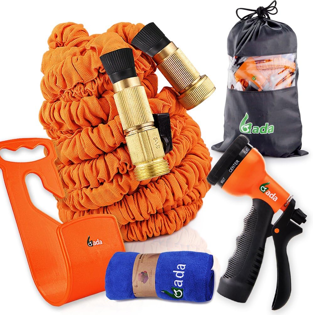 Gada Expandable Garden Hose 50 FT Orange, 3/4’ Solid Brass Connector Flexible Water Hose with Pocket Hose Spray Nozzle Magic Expanding Water Hose