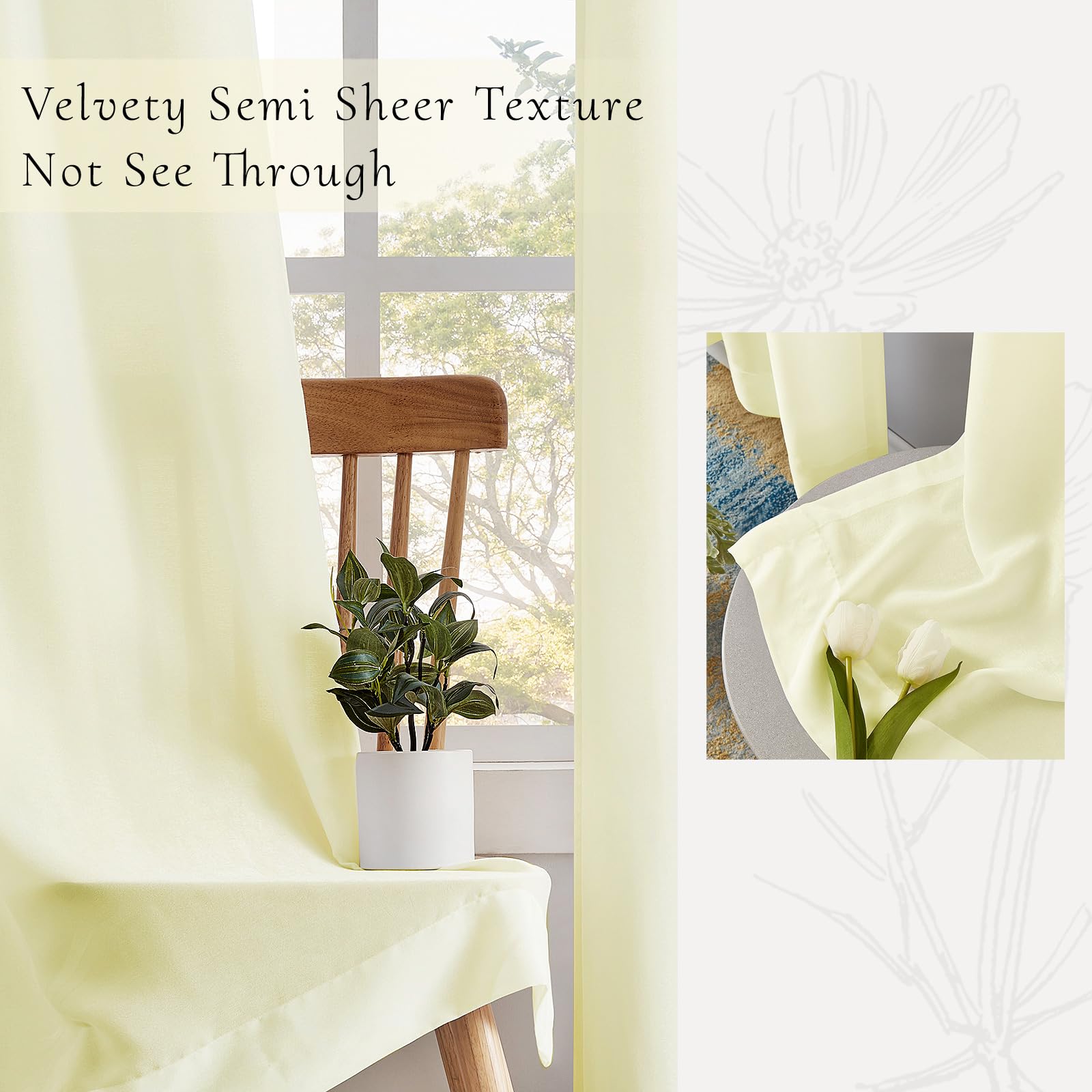 Melodieux Cream Yellow Velvety Semi Sheer Curtains 96 Inches Long for Bedroom Living Room Natural Cotton Texture Rod Pocket Window Sheer Drapes - Image 2