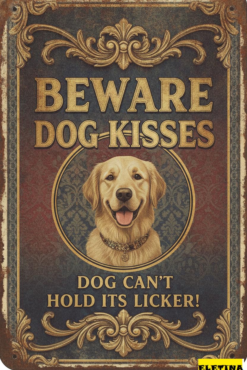 Beware Dog Kisses Dog Can't Hold Licker Metal Warning Sign School Bar Street Parking Lot Decor 8x12in