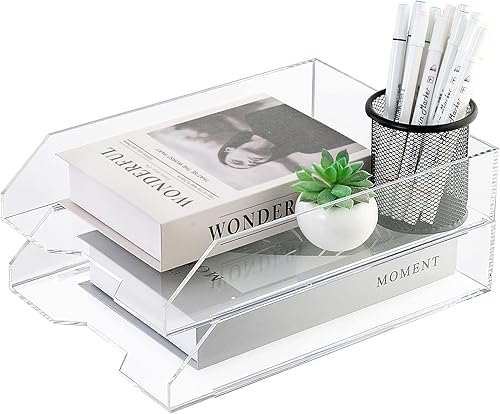 Sumerflors - Bandeja de papel acrílico de 2 niveles, bandejas apilables para documentos de escritorio, almacenamiento de carpetas de archivos,
