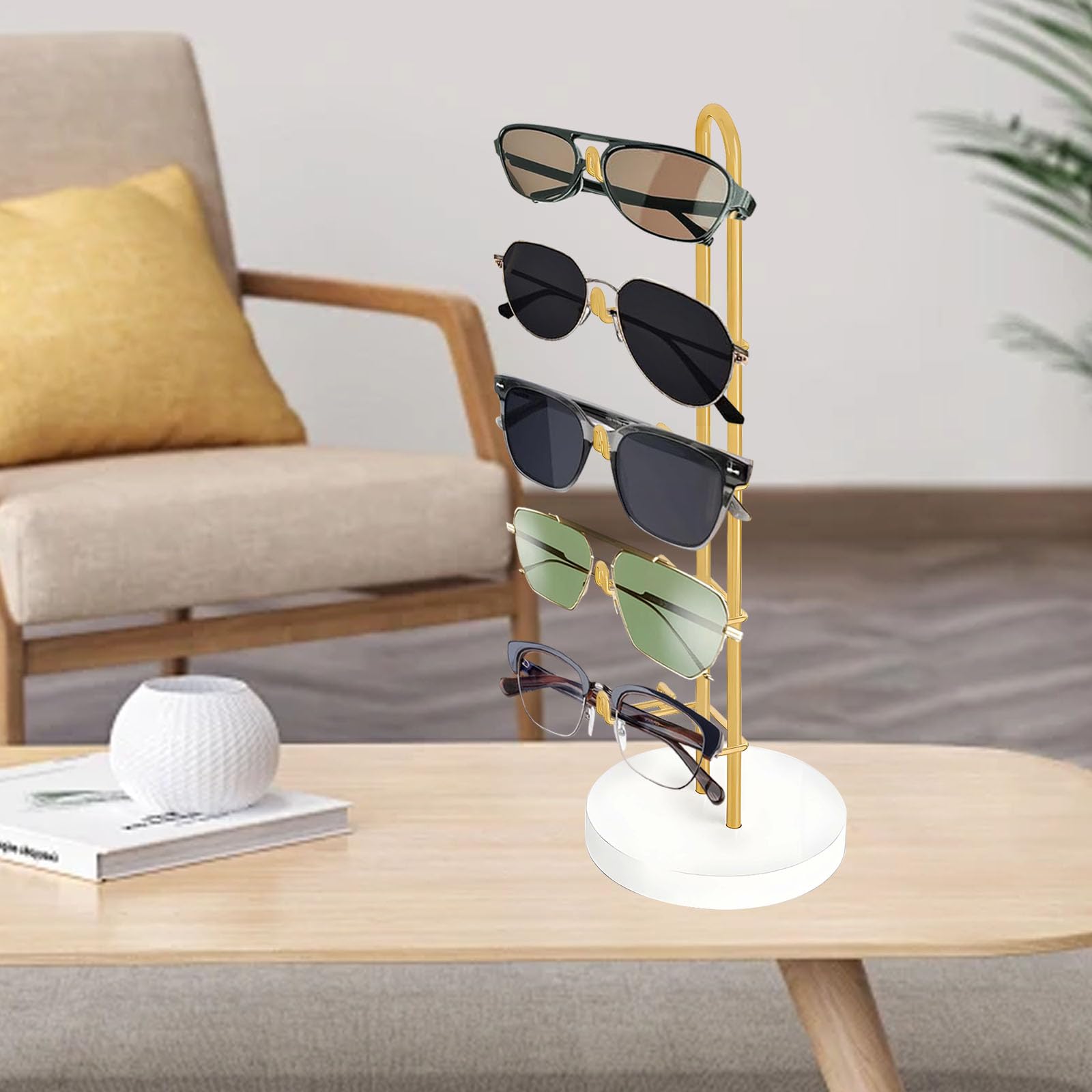 Soporte para Gafas de Sol Expositor Organizador Elegante de Metal con Base de Madera para 5 Pares