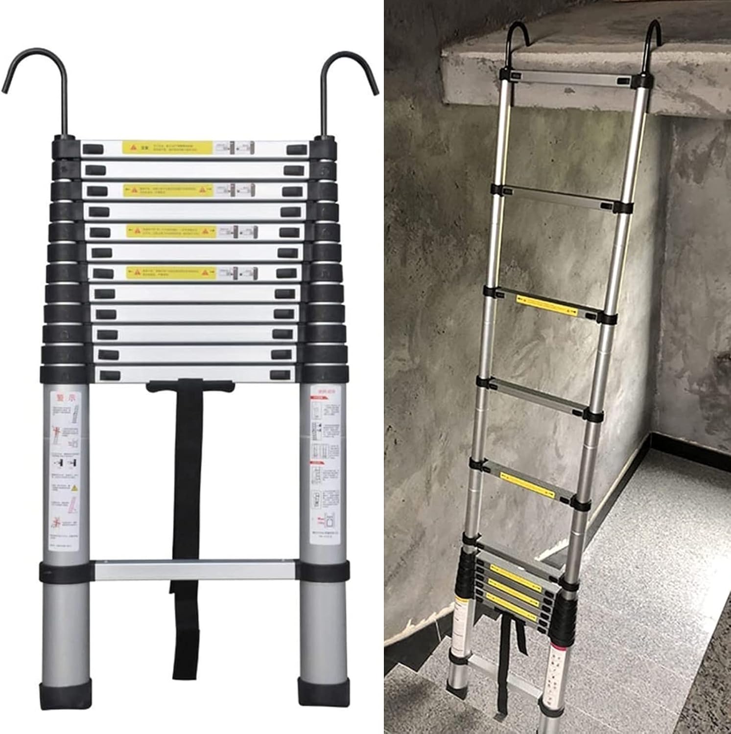 8m 7m 6m 5m 4m 10FT 2m Telescoping Ladder with Roof Hooks for Attic RV Rooftop Stairs Camper, Aluminum Tall Telescopic Extension Ladders, Heavy Duty Loads 150kg (Color : Black, Size : 1.5m/5