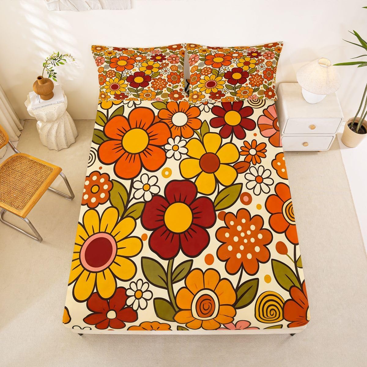 Erosebridal Cartoon Flowers Fitted Sheet Full Size Blooming Floral Bed Sheets Botanical Theme Bedding Set for Kids Boys Girls Women Girly Cute Sheets