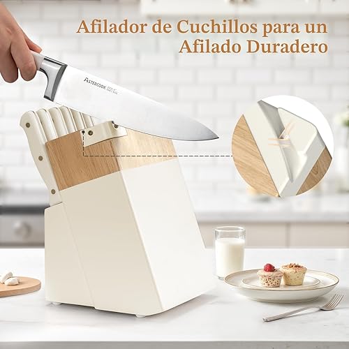 Miniatura 7 de Astercook Juego de cuchillos de cocina con bloque, 14 piezas, cuchillos de acero inoxidable de espiga completa con afilador, aptos para lavavajillas