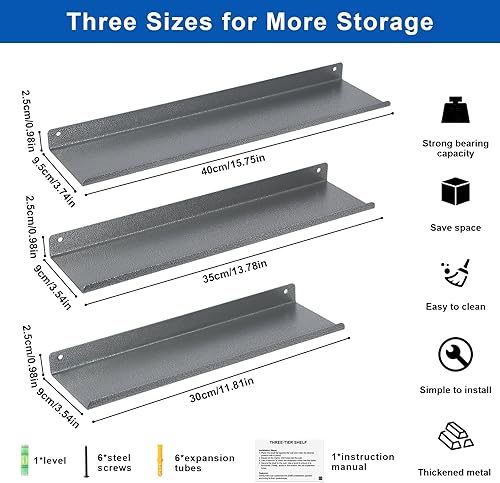 Miniatura 2 de Uten Estantes flotantes, estantes de hierro para montar en la pared, juego de 3, estantes de hierro para almacenamiento de baño, organizador para
