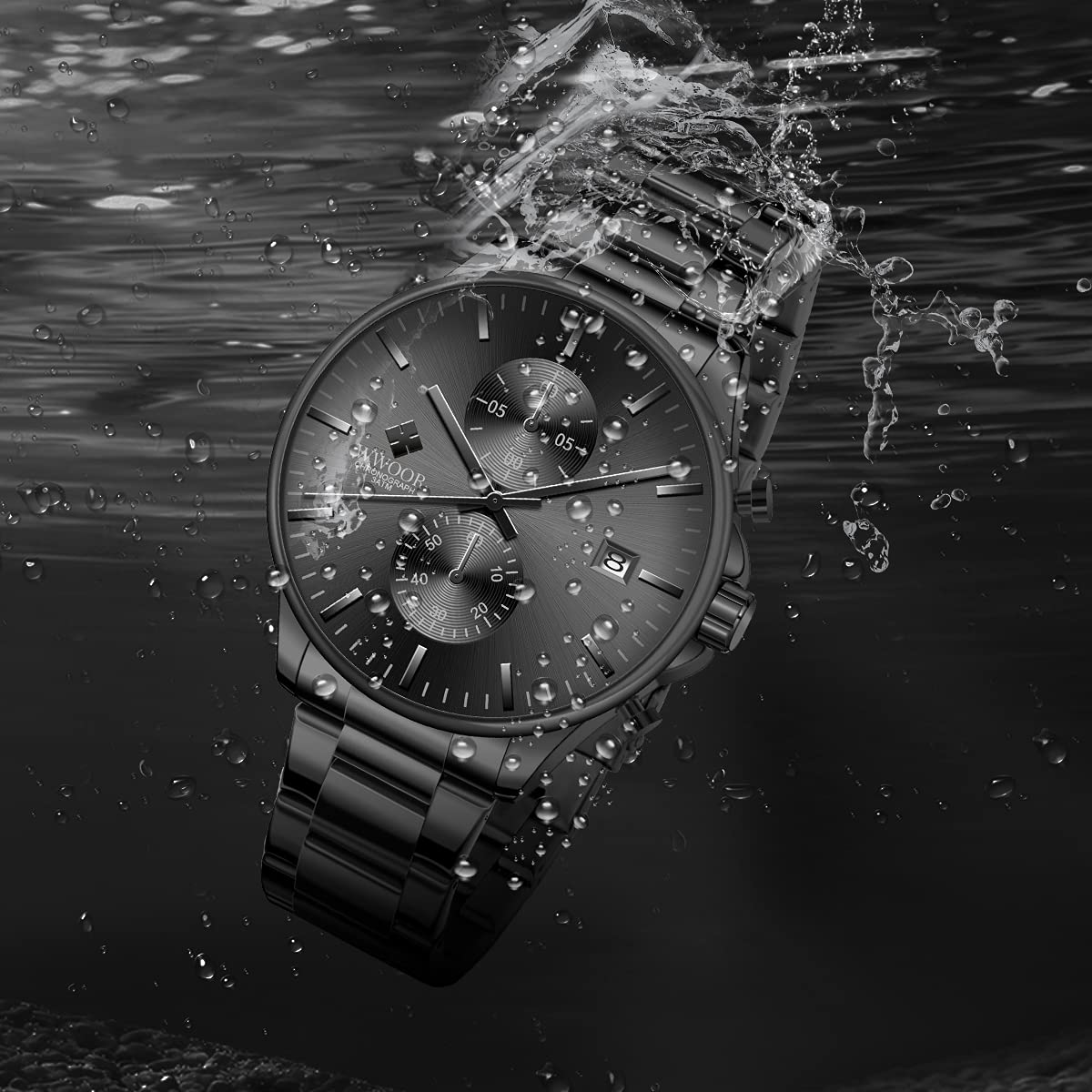 Montre bracelet pour homme avec montre à quartz chronographe étanche en acier inoxydable et métal, date automatique sur les mains colorées, extensible en acier inoxydable, réglable, Noir, 1, Bracelet