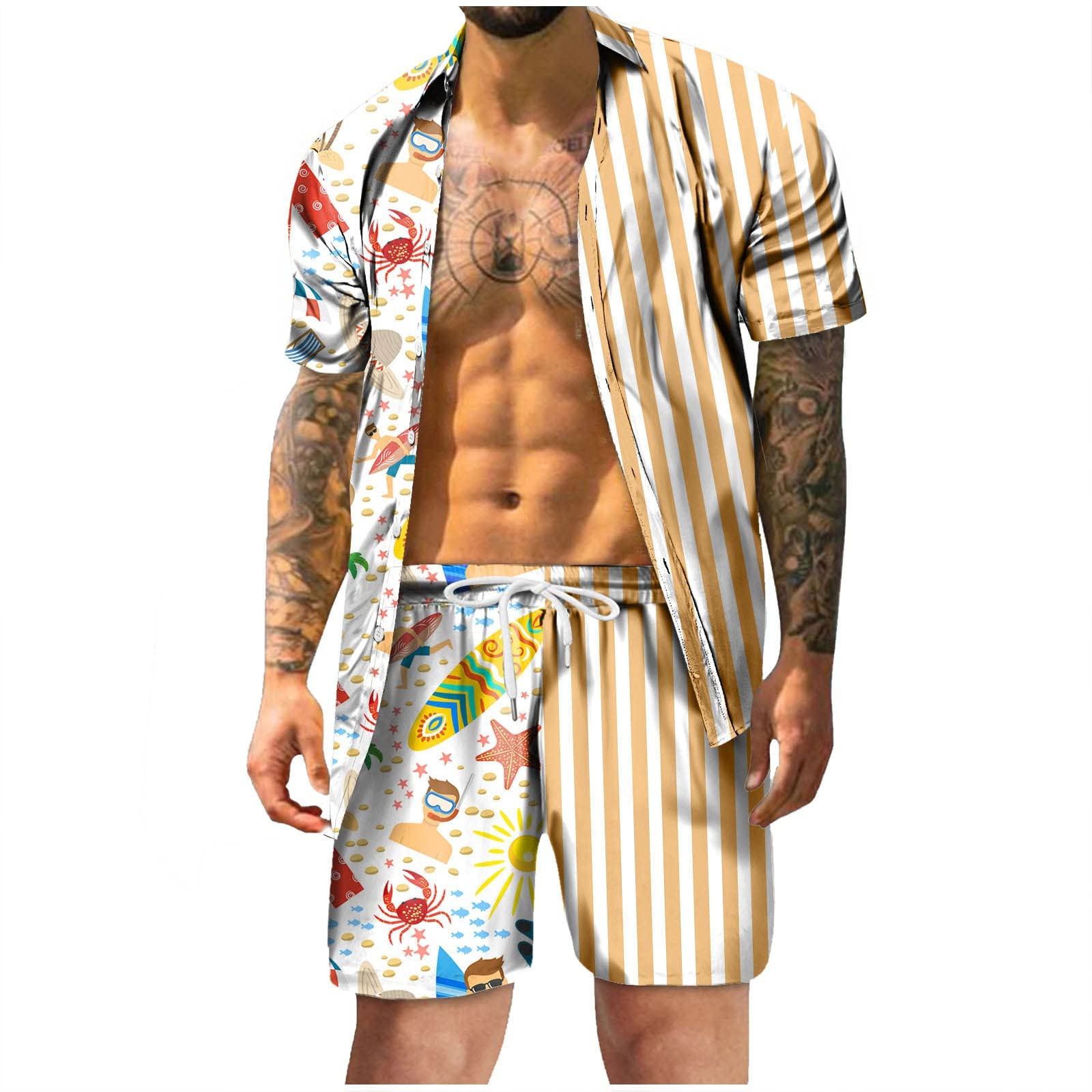 GIANTHONG Men's Flower Shirt Hawaiian Sets Casual Button Down Short Sleeve Shirt and Drawstring Quick Dry Beach Shorts