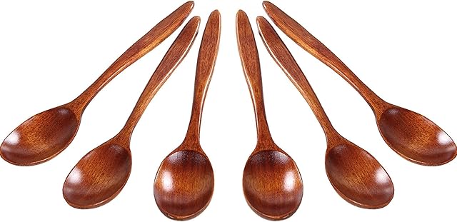 Mein HERZ 6 Pcs Natural Wooden Spoon, Honey Coffee spoon, Janpanese Style Kitchen Utensil Long Handle Nanmu Wood Soup Spoons Set for Eating Mixing Stirring Cooking With Box 5.5inch, Brown
