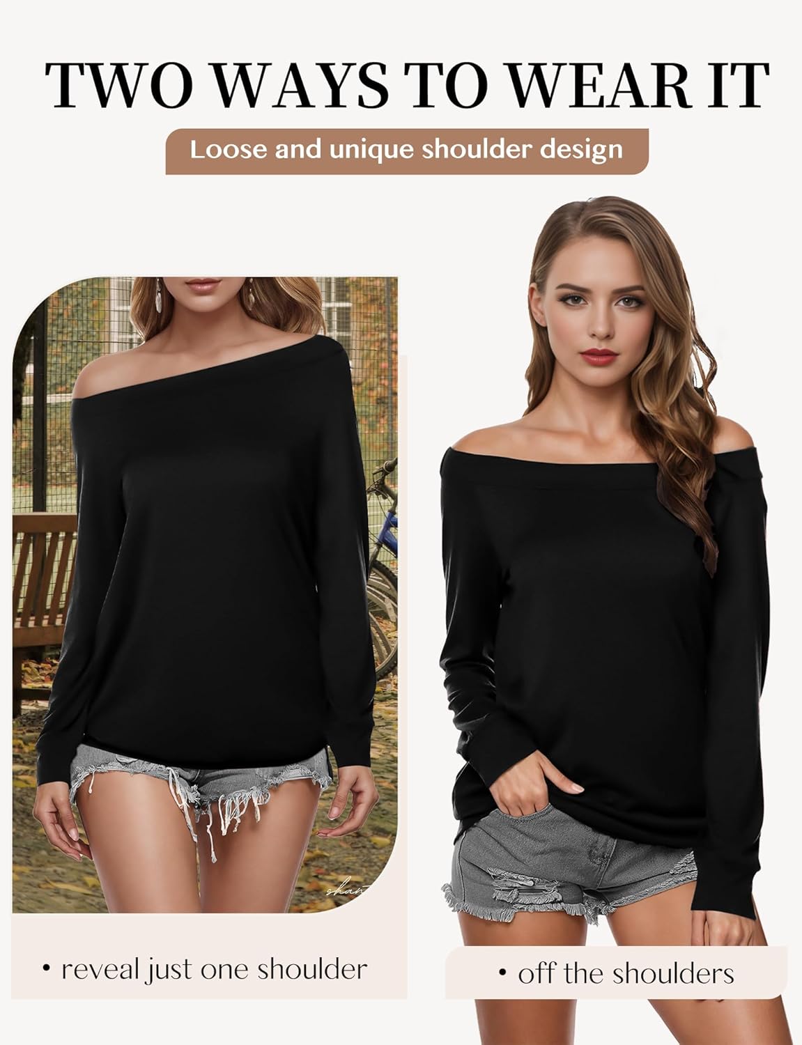 Buauty Women's Off Shoulder Tops Boat Neck Long Sleeve Blouse Cute Loose Casual Oversized Shirt 2026 Drop Shoulder Baggy Tops - Image 5
