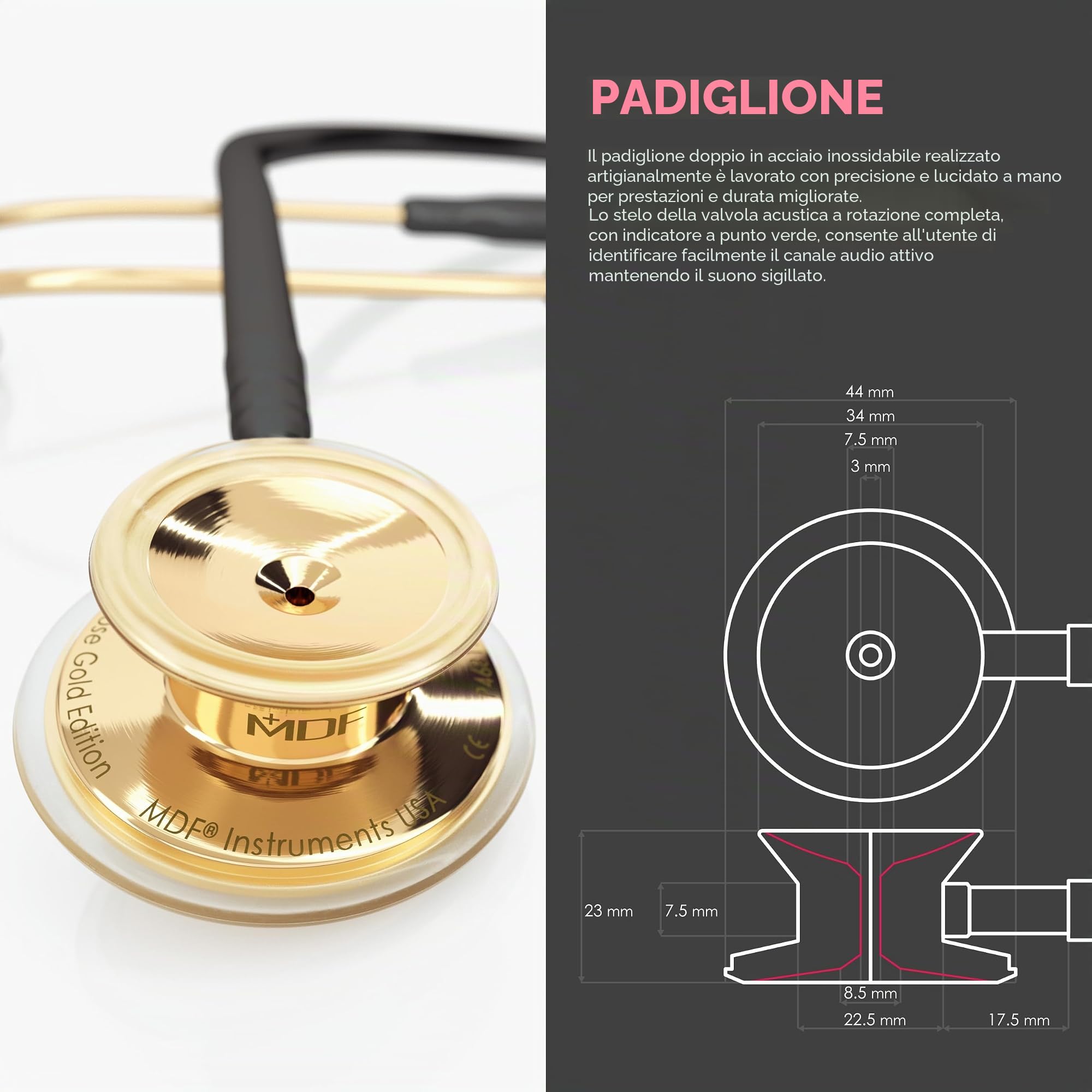 MDF Instruments, MD One Stetoscopio in acciaio inox premium della a due testine - Garanzia a 30 anni & Programma-componenti-gratuite-a-vita - Edizione in Oro 22K - Nero - 22K oro e nero (MDF777-K11)