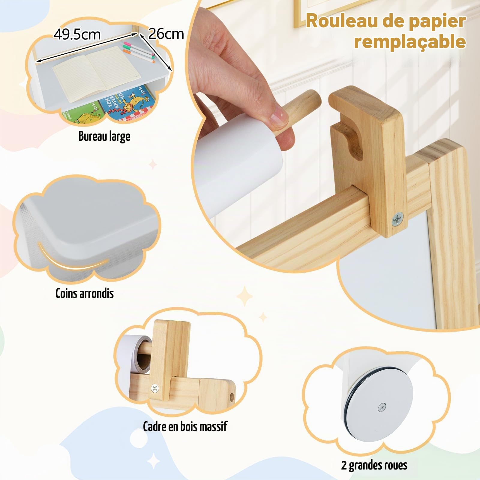 GOPLUS Table Enfant avec Chaise, 4 en 1 Tableau Enfant Double Face Amovible et Hauteur Réglable, avec Plateau Magnétique, Rouleau de Papier, Bibliothèque, Table à Dessin pour 3+ Ans