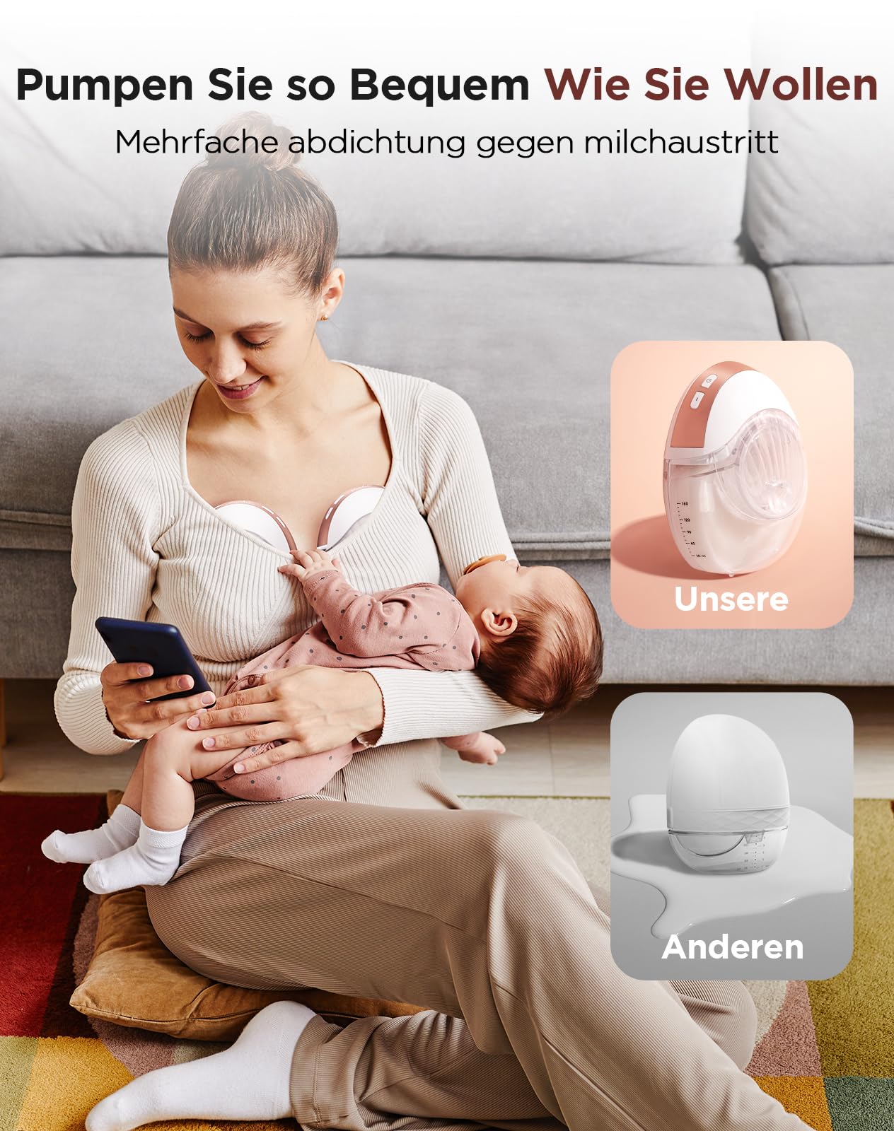 Haokoo Milchpumpe Elektrisch Freihändig - Tragbare Elektrische Milchpumpe für Unterwegs & Arbeit, 3 Modi 12 Stufen, Anti-Auslaufen, mit 17/19/21/24mm Flansch, 2 Stück