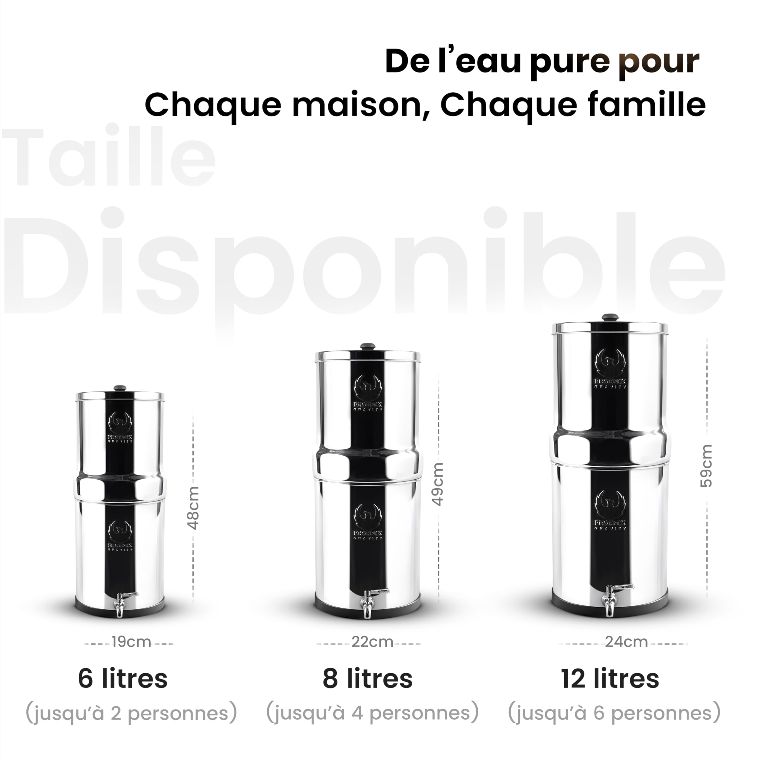 Phoenix Gravity - 6 litres certifié NSF/ANSI 42 et 372 système de filtration d’eau sur comptoir en acier inoxydable avec 2 cartouches Smart Carbon (noir), Free acier inoxydable Tap