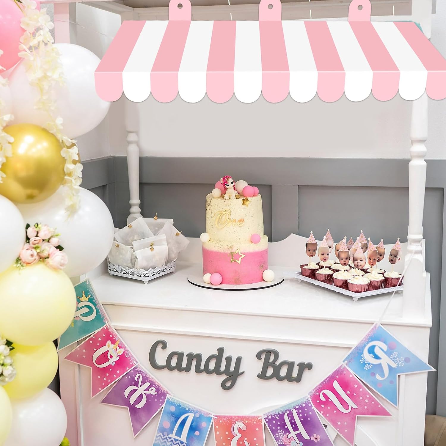 2 Pcs Circus Awning Wall Decorations 3D Carnival Striped Awnings for Carnival Theme Party Ice Cream Station Classroom Decoration Circus Party Supplies (Pink and White)